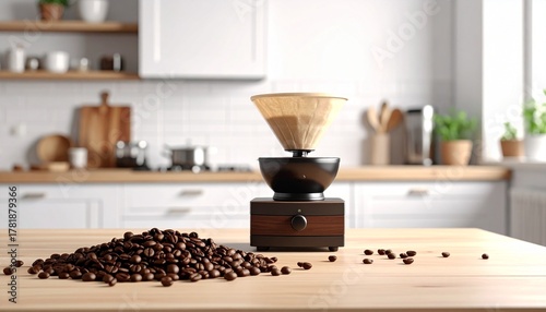 A clean, natural light photo of whole coffee beans scattered next to a modern coffee