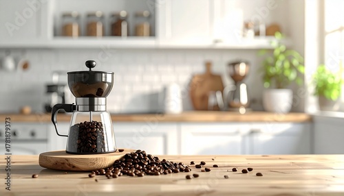 A clean, natural light photo of whole coffee beans scattered next to a modern coffee
