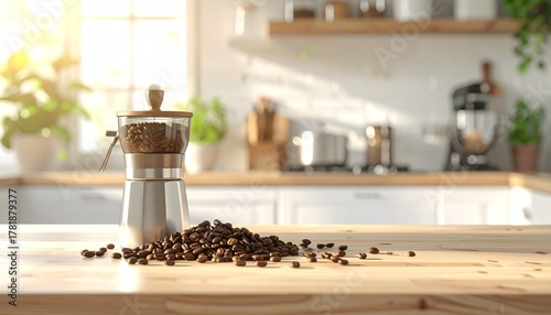 A clean, natural light photo of whole coffee beans scattered next to a modern coffee