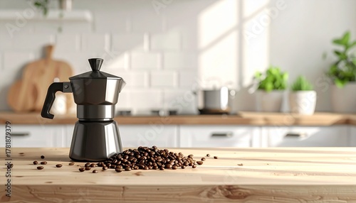 A clean, natural light photo of whole coffee beans scattered next to a modern coffee