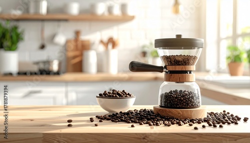 A clean, natural light photo of whole coffee beans scattered next to a modern coffee