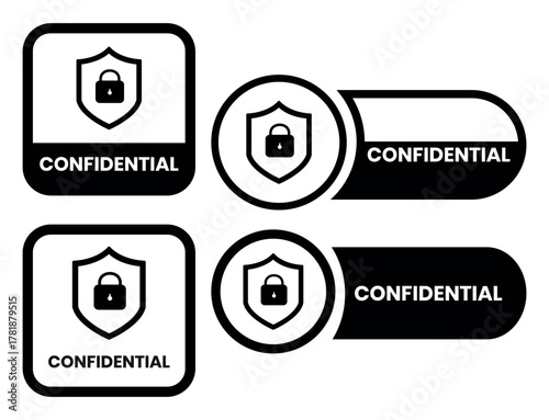 Confidential label set. Confidential stamp badge, top secret label, confidential seal, security sign, private information sticker, confidential logo, secret mark, classified confidential stamp design.