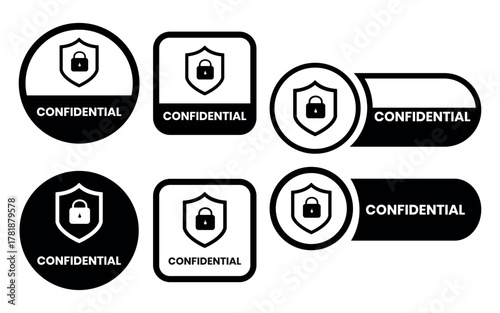 Confidential label set. Confidential stamp badge, top secret label, confidential seal, security sign, private information sticker, confidential logo, secret mark, classified confidential stamp design.