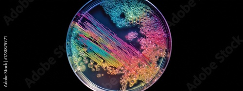 Vibrant Rainbow Bacterial Streaks in a Petri Dish: Microbiological Research and Abstract Science