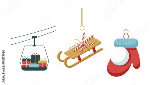 Festive Holiday Decor: A charming arrangement of holiday decorations, featuring a cable car filled with gifts, a vintage sled, and a cozy mitten, all set against a pure backdrop.