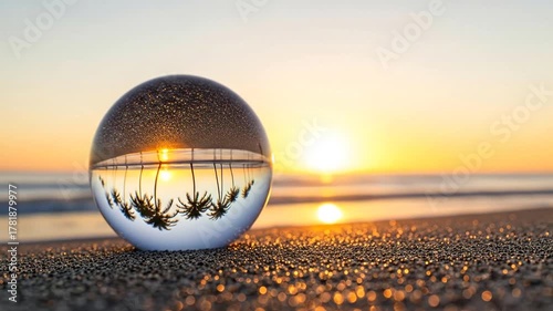 Golden sunrise over the ocean creatively reflected upside down in a crystal ball resting on the wet sand of a tranquil beach
