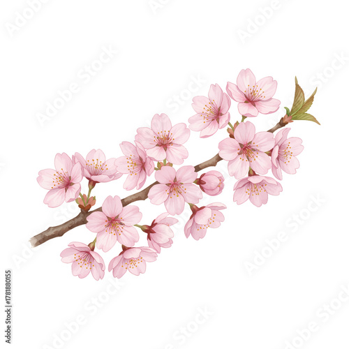 Watercolor Sakura Flower Branch Illustration on White Background