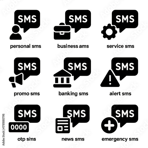 Sms communication icons for business, service, promo, banking, alerts