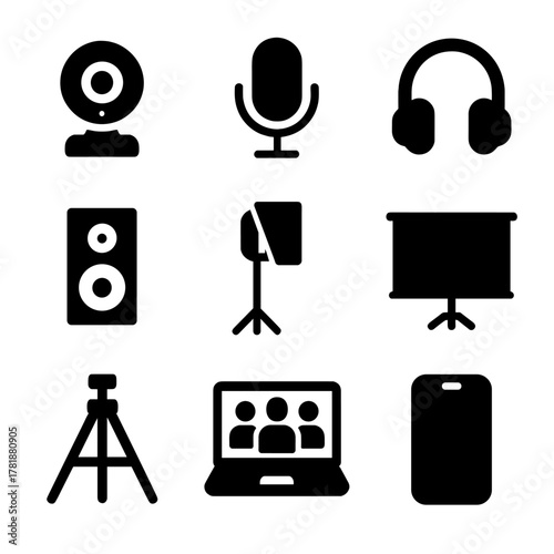 Audio and video equipment icons on a gradient background
