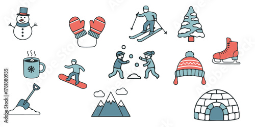 A collection of colorful line art icons representing various winter activities and symbols.