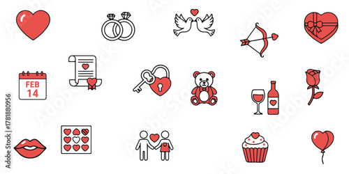 A collection of Valentine's Day icons representing love, romance, and relationships on a white background.