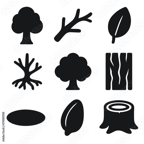 Set of nine black tree and leaf icons on gradient background