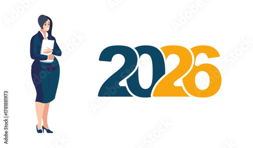 2026. Happy New Year. Design, people, business lady with documents near orange and blue numbers. Business. Financial profit in the new year. Investment in capital management. Vector illustration