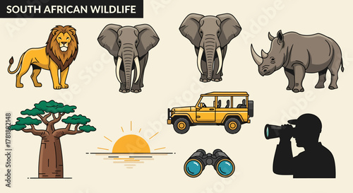 Collection of South African safari icons including wildlife vehicle flora and observation gear