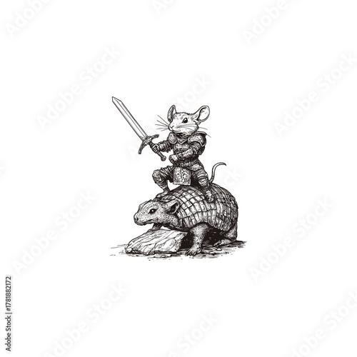 vintage engraving style illustration depicting an anthropomorphic mouse warrior, fully armored and wielding a sword, standing heroically atop a large pangolin