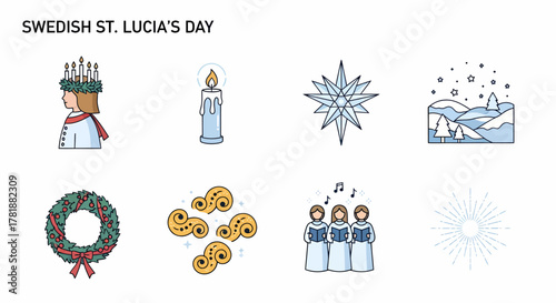 Eight icons related to Swedish St Lucias Day including a girl with a candle crown
