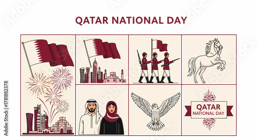 Eight illustration panels celebrating Qatar National Day with flags skyline soldiers horse couple falcon and logo