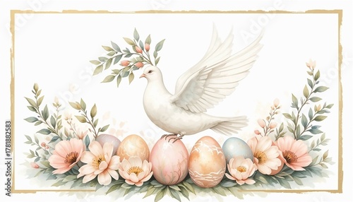 Graceful watercolor dove with olive branch and Easter eggs