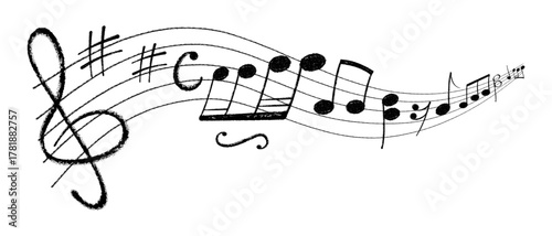 Crayon pastel or chalk music note signs doodle hand drawn symbol shapes set. Chalkboard textured musical symbols treble, bass clefs, pauses doodle collection.