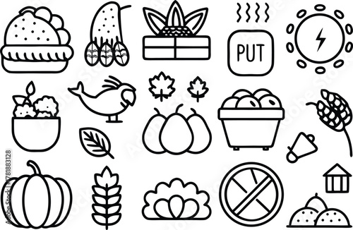 Diverse outline icon set food nature objects and conceptual elements