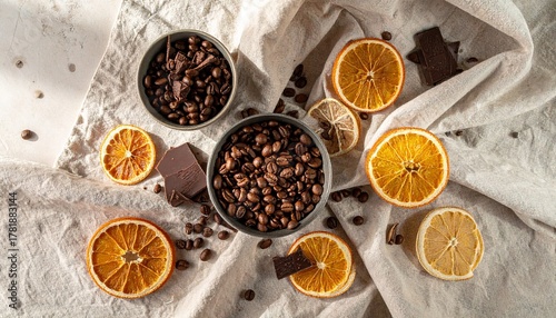 An elegant flat lay of roasted coffee beans artfully arranged with small, dried oran