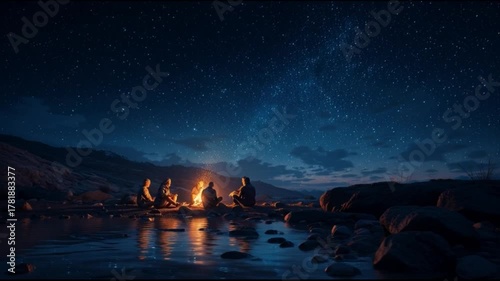 People gathered around a campfire under a starry night sky