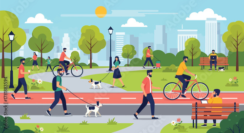 Enjoying vibrant city park life with biking, walking dogs, and working outdoors on a sunny day