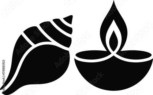 Black outline of a conch shell and a diya lamp flame