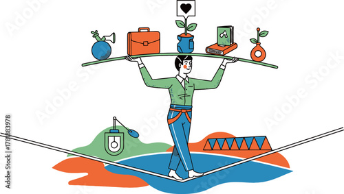 A person on a tightrope balancing various life and work objects, symbolizing work-life balance and navigating challenges.