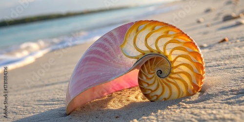 Pink and Gold Nautilus Shell on Beach Close-up Composition, Golden Hour Lighting, Fibonacci Spiral Concept, Seashell Photography Nautilus, Seashore