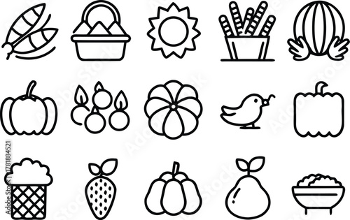 Autumn harvest nature food icons collection outline vector art