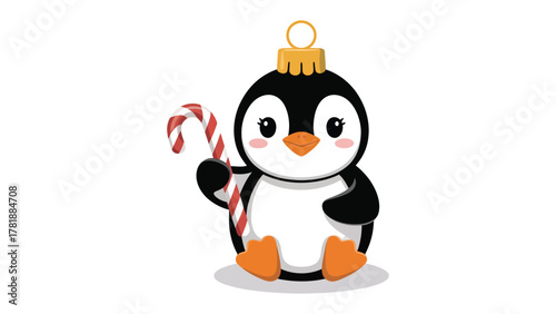 Festive Penguin Ornament: A charming penguin, adorned as an ornament, clutching a candy cane, embodying holiday cheer and winter joy.