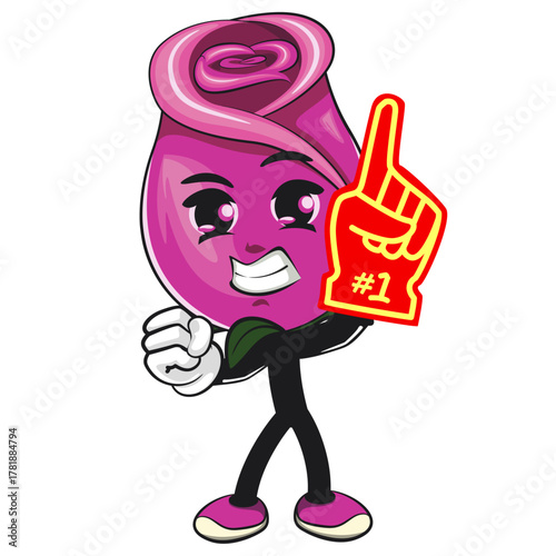 cute pink rose mascot cartoon vector illustration, adorable flower character raise foam finger, isolated botanical blossom design for valentine, spring, and kids concept, work of hand drawn