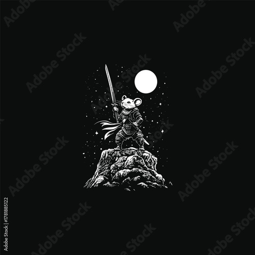 Vintage engraving of a brave mouse samurai warrior in full armor, holding a katana sword while standing on a mountain peak under a full moon and starry night sky