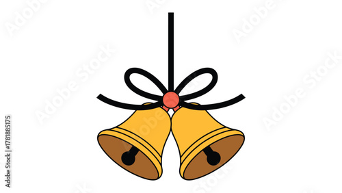 Festive Bells: A cheerful illustration of two golden bells, gracefully suspended by a delicate black ribbon and a vibrant red berry, evokes a sense of joy and celebration. 