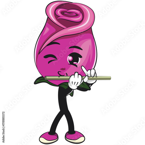 cute pink rose mascot cartoon vector illustration, adorable flower character playing the flute, isolated botanical blossom design for valentine, spring, and kids concept, work of hand drawn