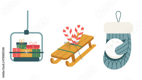 Holiday Joy in Decorations: Three festive elements, a lift carrying gifts, a classic sleigh, and a mitten with a snow globe, bring seasonal delight and holiday charm.