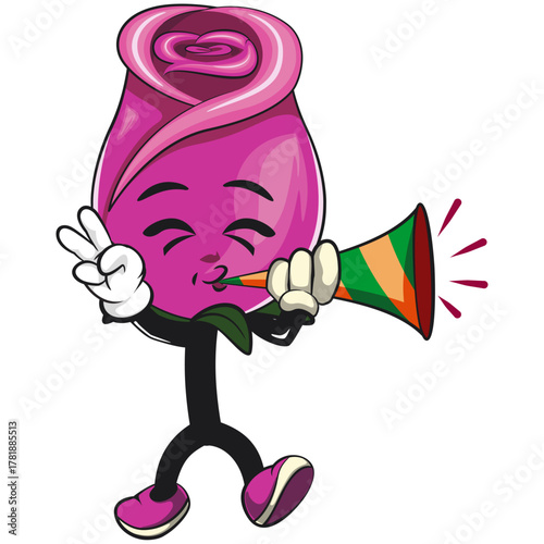 cute pink rose mascot cartoon vector illustration, adorable flower character blow the party horn trumpet, isolated botanical blossom design for valentine, spring, and kids concept, work of hand drawn