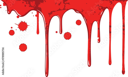 Red liquid drips and splatters across a white surface with varying shapes and sizes of droplets