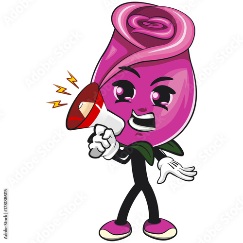 cute pink rose mascot cartoon vector illustration, adorable flower character shouting with a loudspeaker, isolated botanical blossom design for valentine, spring, and kids concept, work of hand drawn