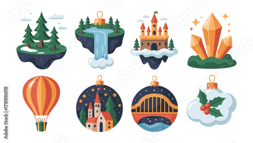 Festive Ornaments of Imagination: A collection of captivating holiday ornaments, each a unique miniature world, portraying a landscape and scenery filled with whimsy and wonder.