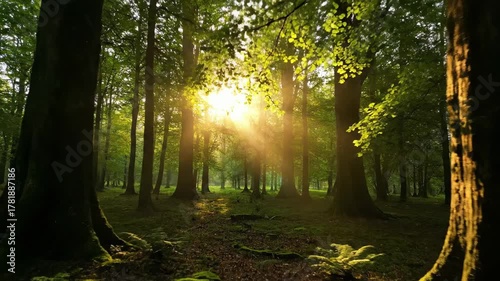 Golden sunrays pierce through a dense forest canopy during a tranquil sunrise, captured by a slow drone flight forward magical, slow drone flight, discovery