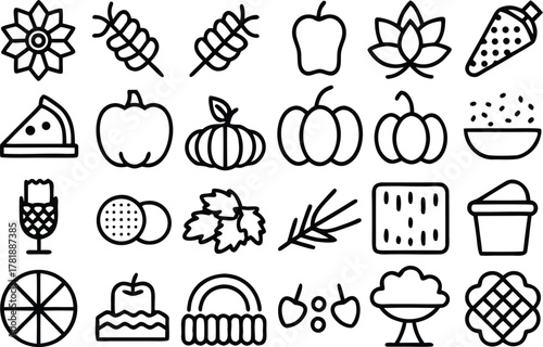 Autumn harvest and food icon set, outline illustration vector