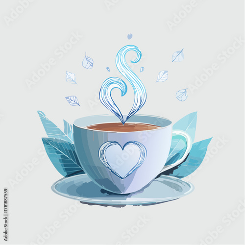 Enjoy a warm cup of love coffee, tea illustration with heart and leaves, gentle steam, bringing comfort and joy to your day, originally a vector graphic