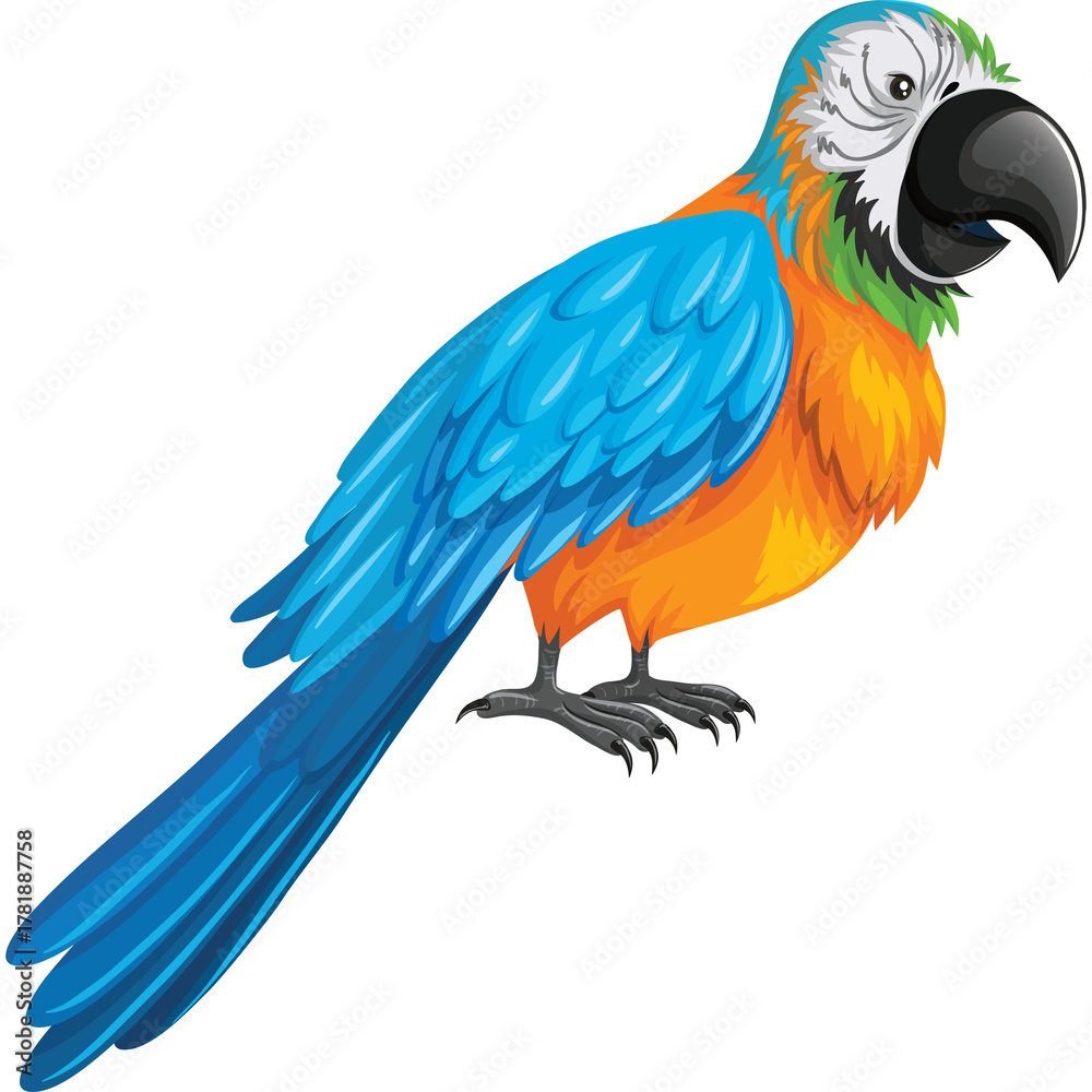 Fototapeta premium Blue and Yellow Macaw Parrot Standing Against a Clean White Background With Its Beak Open