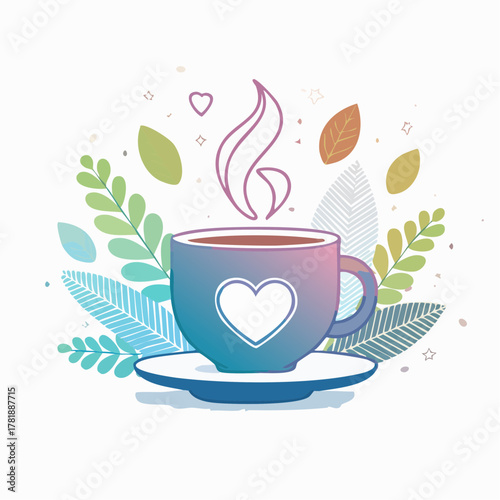 Charming coffee cup with heart design amidst lush foliage, perfect for cafes, tea rooms, or cozy home decor, originally a vector illustration