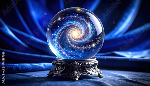 Magic Crystal Ball with Galaxy and Cosmic Swirl on Blue Drape