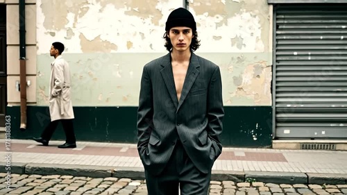 Confident young man in a stylish, loose-fitting suit and beanie strides down an urban cobblestone street, embodying modern street fashion and masculine elegance
