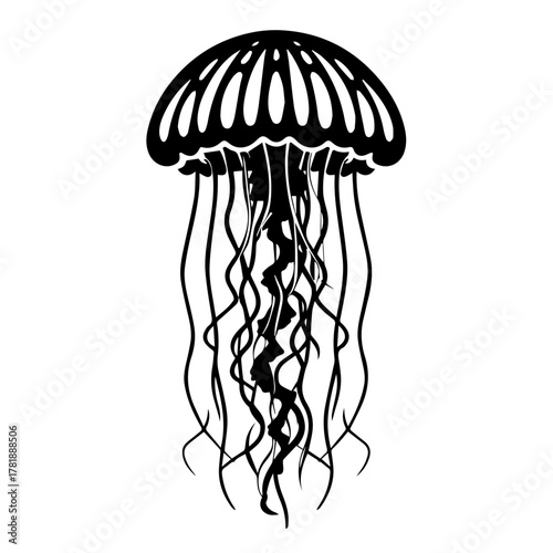 Stylized black jellyfish silhouette with flowing tentacles  
