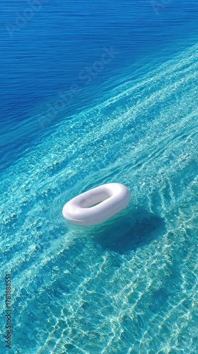 Overhead View of a White Inflatable Ring Floating in Crystal Clear Turquoise Water with Sunlit Ripples and Shadows